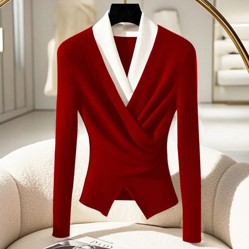 Damen Frühling Herbst Gestrickte Slim Elegante V-Ausschnitt Pullover Patchwork Pendler Strickwaren Pullover XS rot