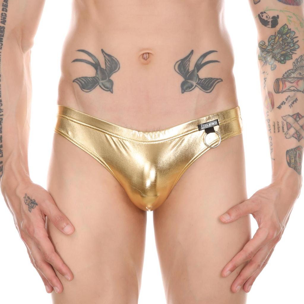 Sexy Faux Leather Thong Pánské spodní prádlo T-back Kalhotky Tanga Hombre Lingerie Nízký pas Černé kovové kroužky