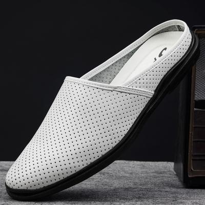 High Quality Half Shoes For Men Casual Hollow Breathable Summer Slippers Genuine Leather Mens Shoes Slip-On Flip Flops Loafers