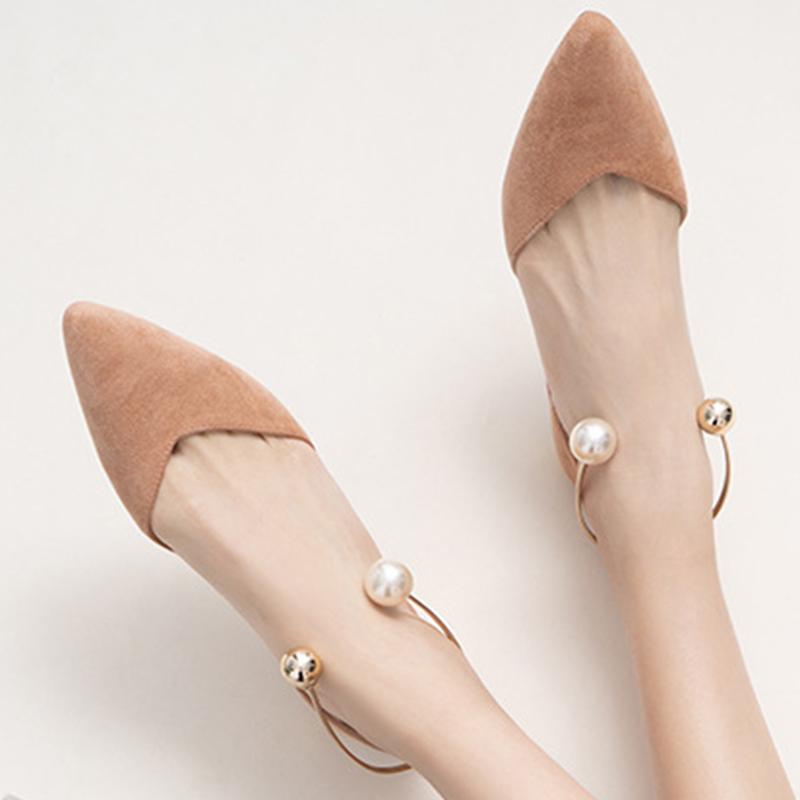 Pearl Ring Solid Pointed Toe Flock Ballet Flats Woman Loafers Shallow Slip On Shoes Women Party Metal Low Heels Ballerina Femme