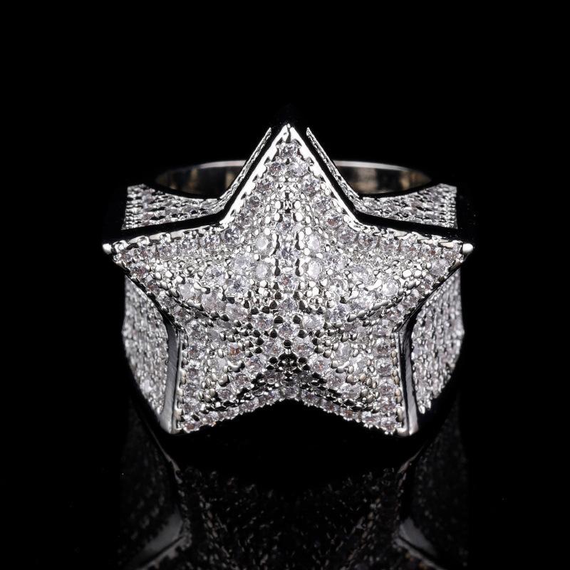 Hip-Hop Trend Light Luxury Ring Personality Domineering Titanium Steel Diamond-Encrusted Five-Pointed Star Ring Women