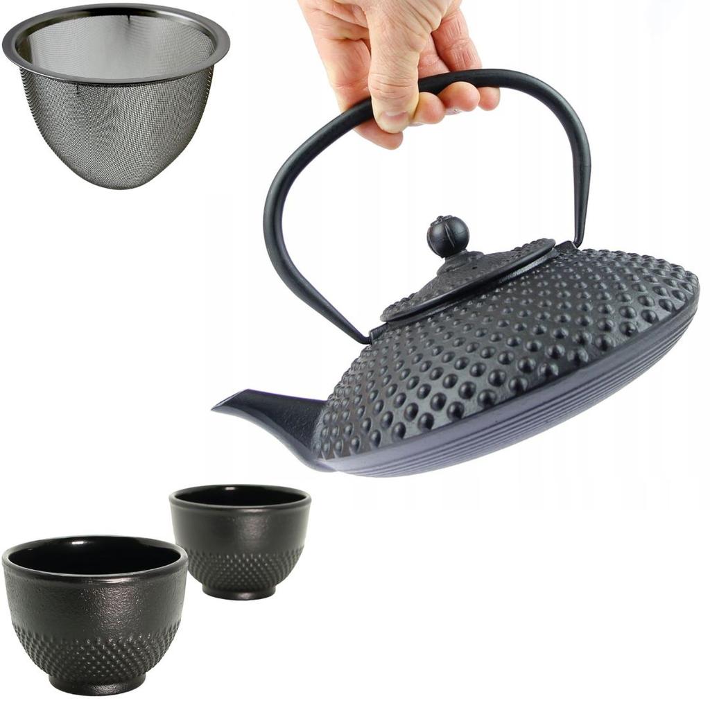 CAST IRON KETTLE 1.25L TEA TEAPERTAIN + 2x CUPS
