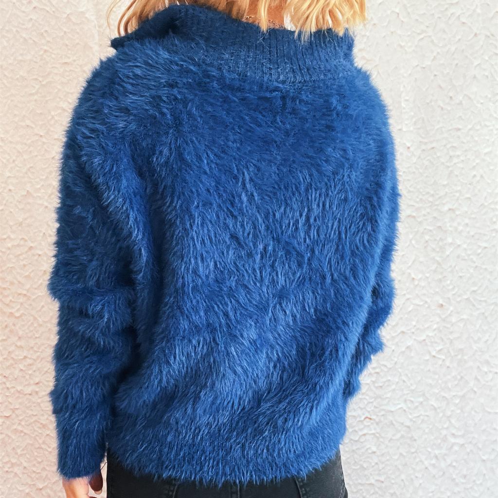 Damen Einfarbig Kurz Lässig Revers Halber Reißverschluss Gestrickt Modisch Oberteil Pullover