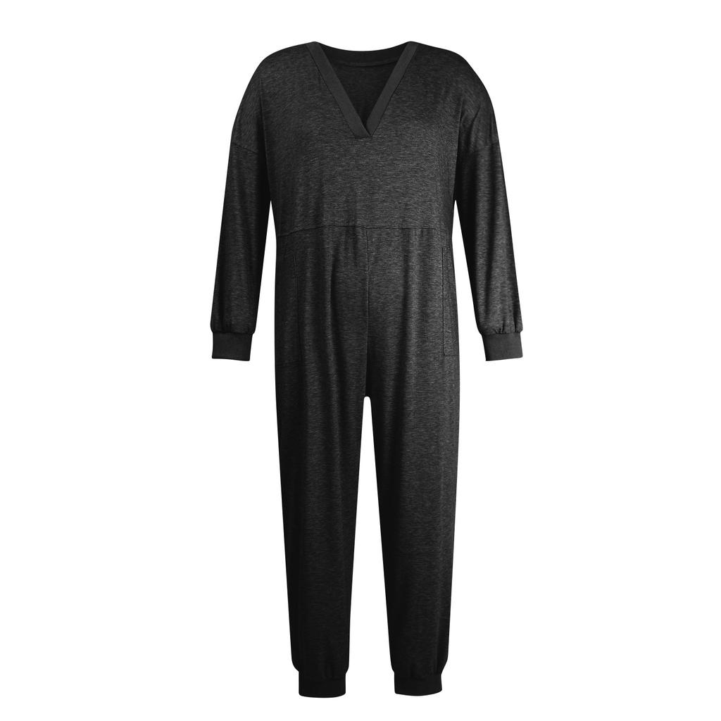 Damenmode, locker, lässig, langärmelig, V-Ausschnitt, einfarbig, Taschen-Overall