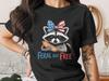 Feral But Free Raccoon T-Shirt, Patriotic Hot Dog Raccoon Tee, 4th of July USA Flag Bow Animal Lover Shirt, Summer BBQ Party Gift