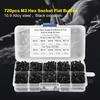 720PCS M3 Hex Bolt Screw Assorted M3x4mm 6mm 8mm 10mm 12mm Black Alloy Steel Pan & Flat Head Hex Socket Screws with Plastic Box