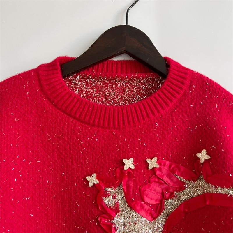 New Autumn/winter Christmas Sweater Women's Ribbon Gold Thread Jacquard Deer Round Neck Thick Knit Pullover