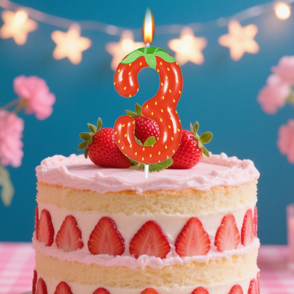Number 0-9 Red Strawberry Birthday Candle Gifts for Girls,Fruit Themed Candle Cake for Birthday Gifts Celebration Party Supplies