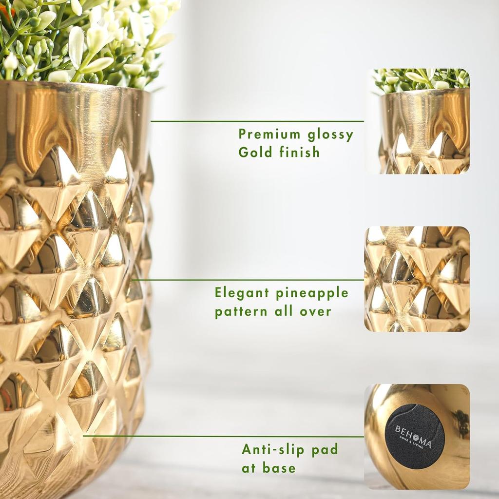 Металлическое Кашпо, Metal Indoor Pineapple Texture Golden Plante 5.3 (Height) × 6.1 (Dia),  Behoma