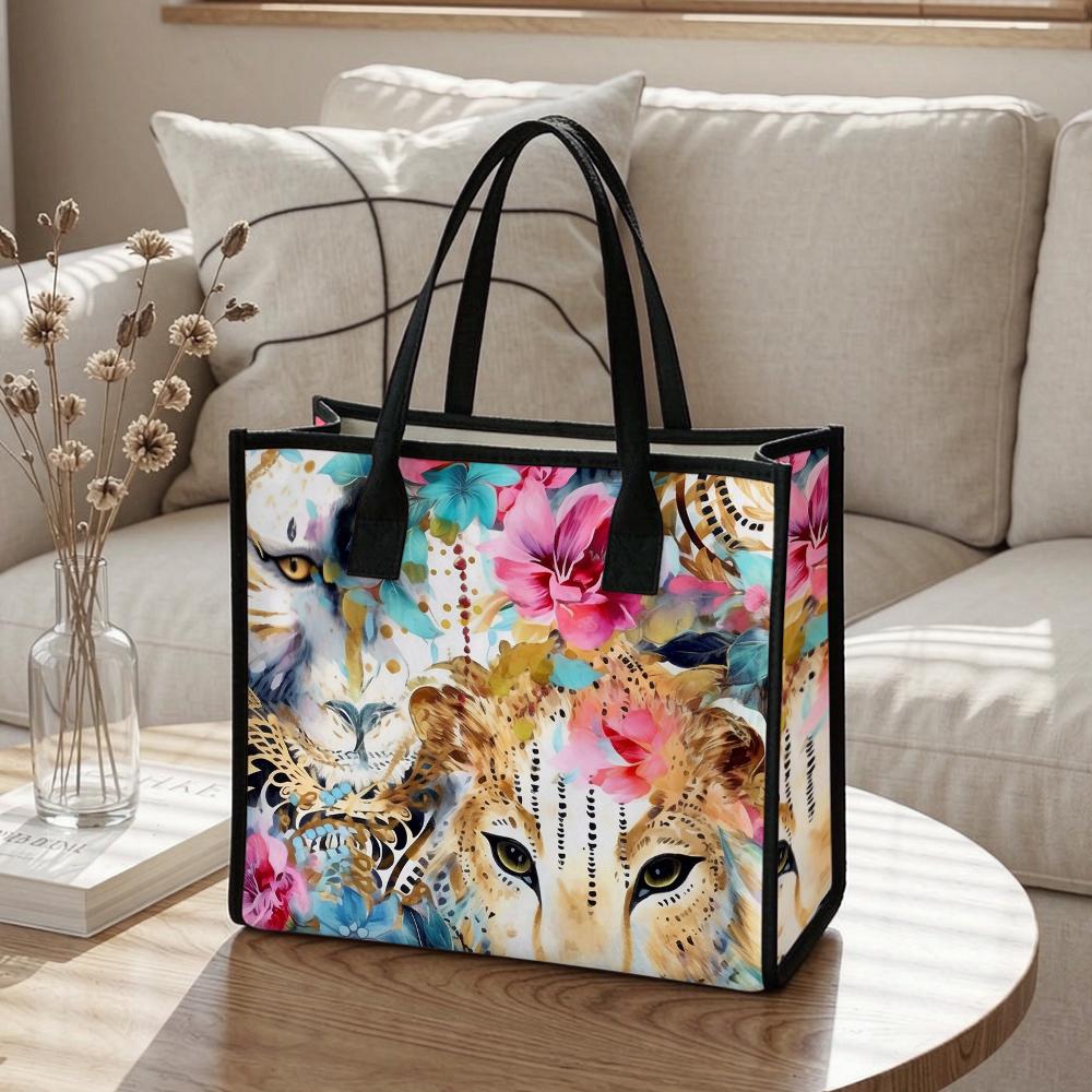 Floral Lion Pattern Tote Bag Fashion Large Capacity Shoulder Handbag for Daily Use