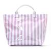 This Water-Resistant Pvc Tote Bag Features A Pink And Blue Striped Design, A Large Capacity, And Is Suitable For Beach Shopping,