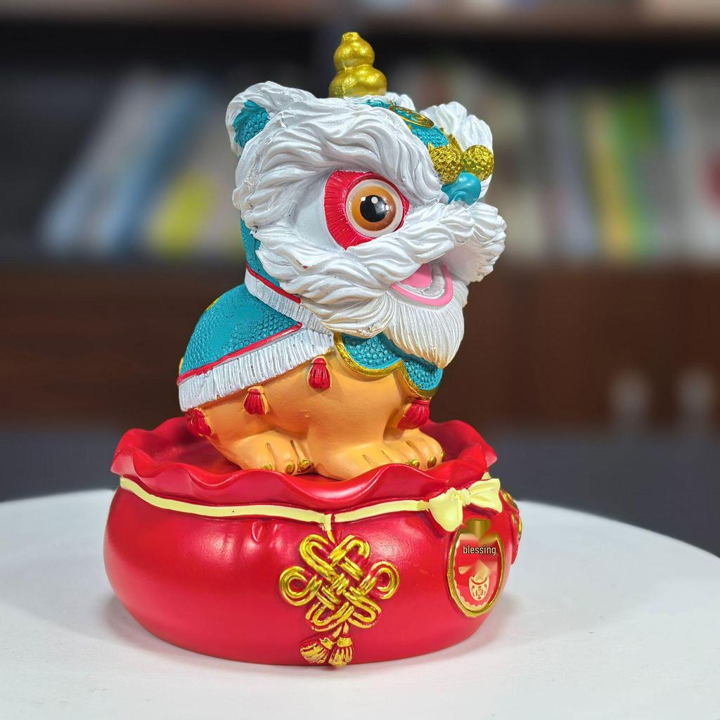 Eastern Awakening Lion & Auspicious Beast Pair Resin Ornament with Red 'Fu' Character and Lucky Bag Base