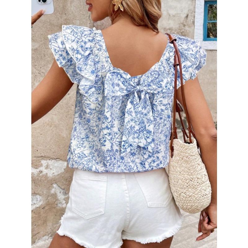 

Women s Printed Summer Fashion Short-sleeved Shirt with Double-layered Pleated Bow on The Back M
