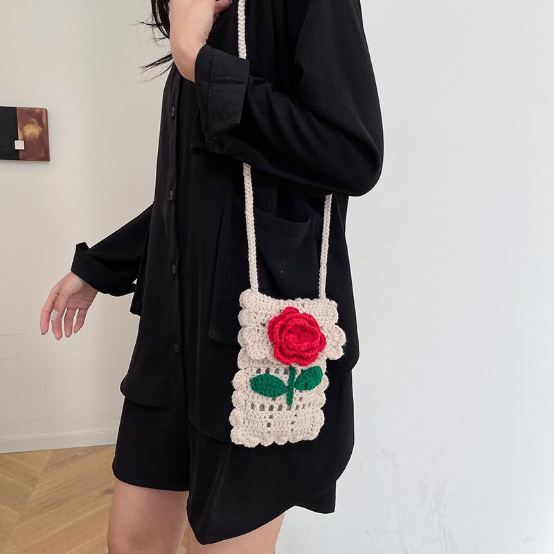 Girl Zipper Flower Straw Bag Cute Photo Props Handmade Woven Kid Messenger Bags Storage Basket Coin Purse Crossbody Handbag