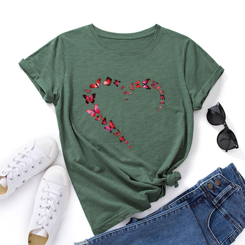 Heart Butterfly Cotton T-Shirt Short Sleeve Round Neck Women 2d Print Tops