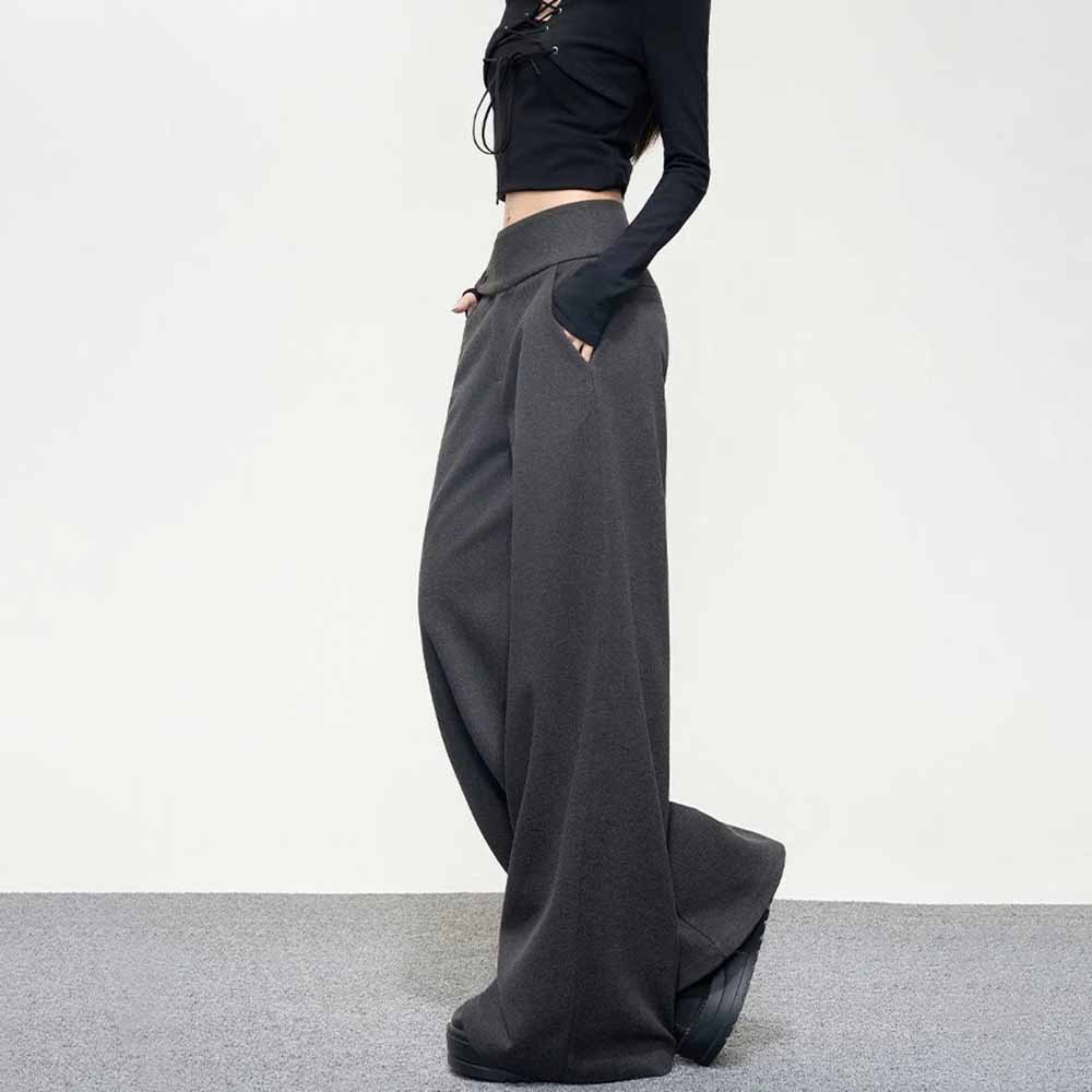 Dark Gray Wide Leg Pants Women Korean Simple Office Lady Loose Button Trouser High Waist Casual Female Vintage Spring Pants