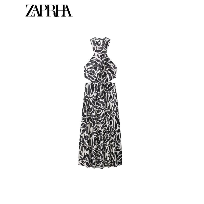 Zaprha 2025 New Arrival Unique and Beautiful Linen Blended Hanging Collar Midi Skirt Dress Fancy 3625664