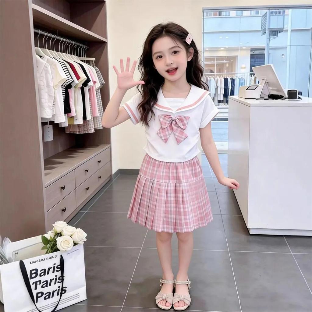 Girls' Summer JK Uniform Plaid Pleated Skirt Set - Sweet & Stylish Two-Piece