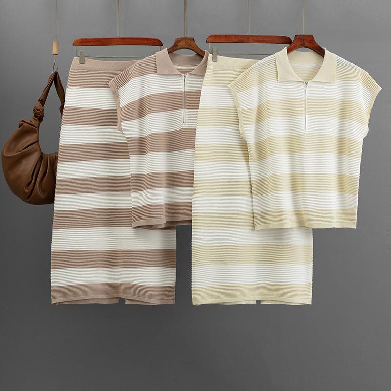 Fashion half-zip olo collar striped knitted short-sleeved suit women's casual wide-leg pants summer two-piece suit