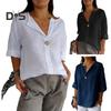 Women Shirt V-Neck Button Decor 3/4 Sleeve Pullover Tops Loose Fit Basic Neckline Solid Color Summer Shirt Tops