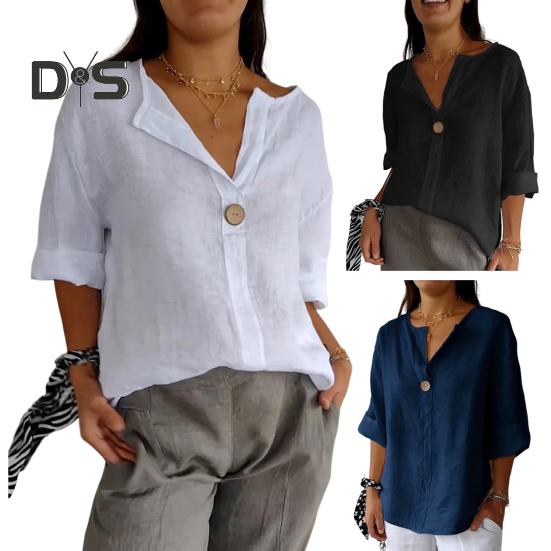 Women Shirt V-Neck Button Decor 3/4 Sleeve Pullover Tops Loose Fit Basic Neckline Solid Color Summer Shirt Tops