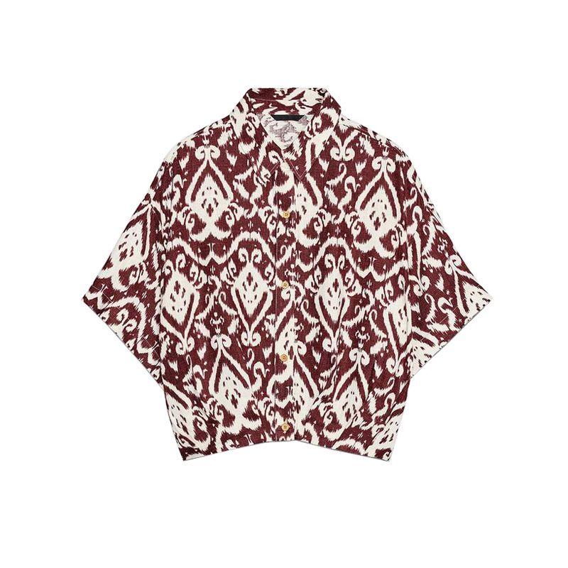 

Summer Loose Short Sleeves Lapel Short Shirt 8372081 Beaded Decorated Tassel Print High-Waisted Skirt 8372085 Print Tops L