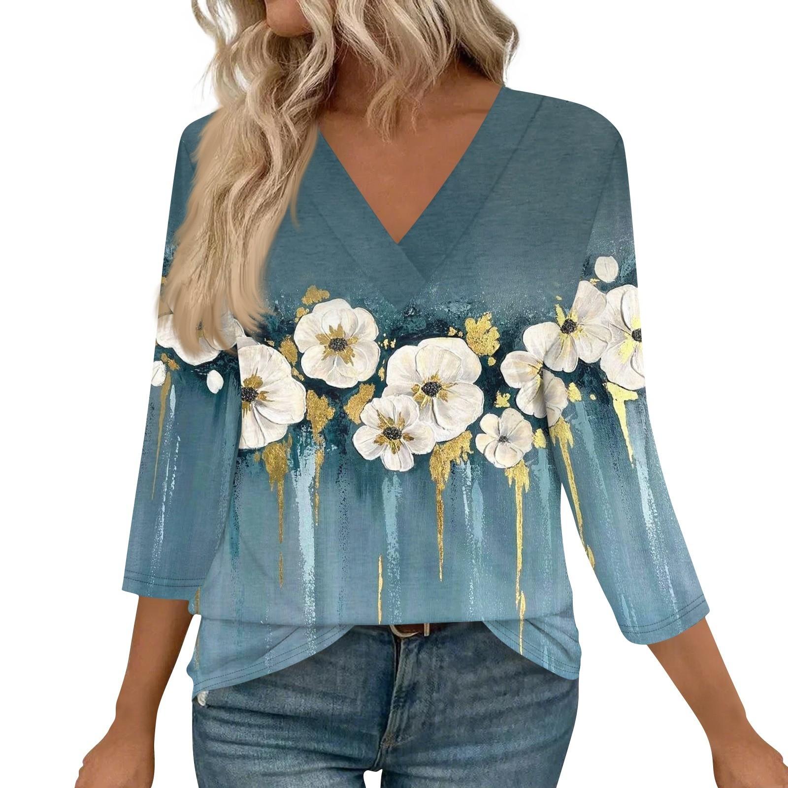 

Женские топы с рукавами 3/4 и V-образным вырезом, повседневные туники, базовые рубашки, блузки свободного кроя XXXL темно-синий