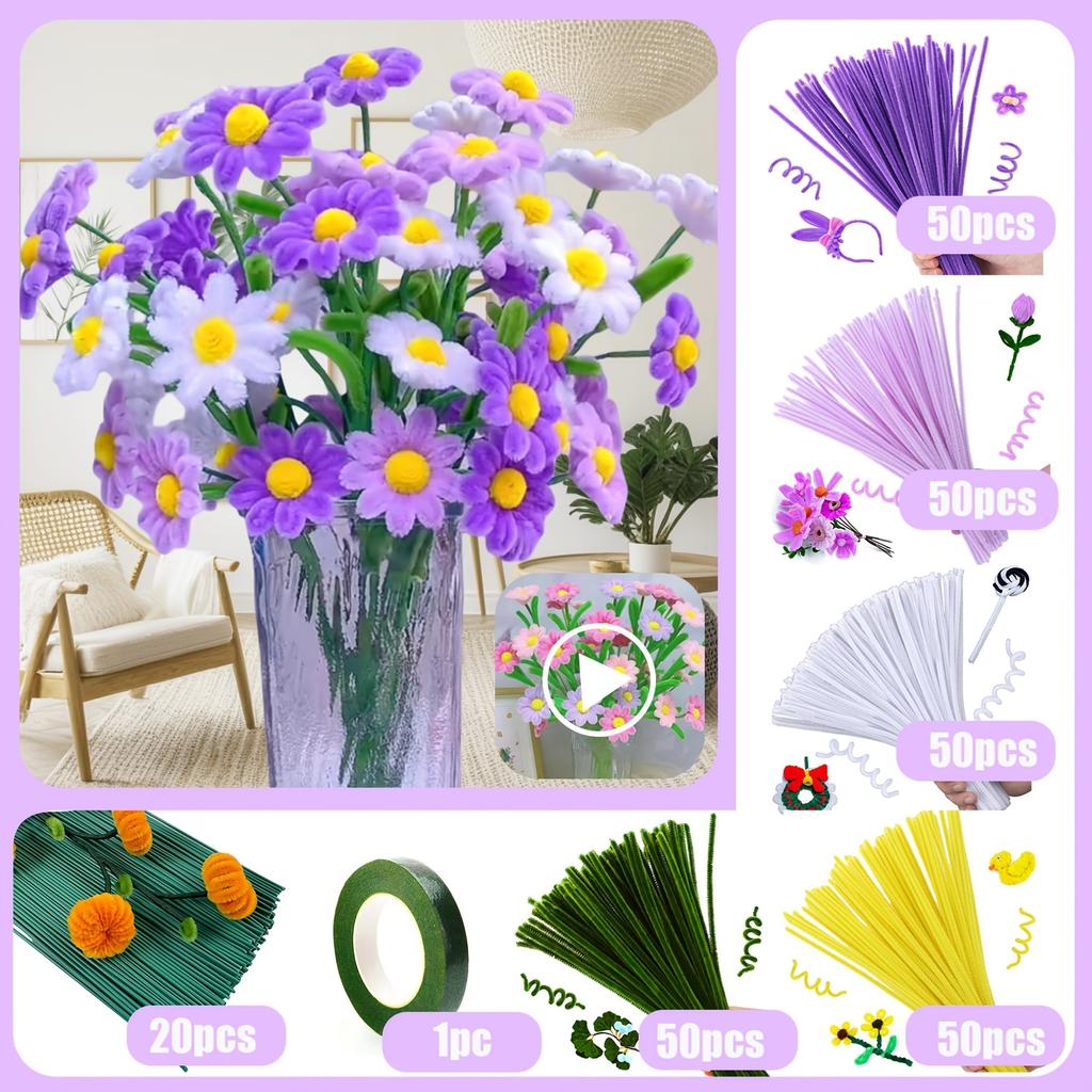 DIY Daisy Flower Craft Kit  - Faux Fur Material, Pipe Cleaner Crafting Supplies - Wedding Bouquets, Easter Mother's Day gifts