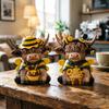 2Pcs Wooden Bee Highland Cow Figurine Hand Painted Resin Decoration for Home Table Windowsill Spring Pastoral Style Party Ornament Gift
