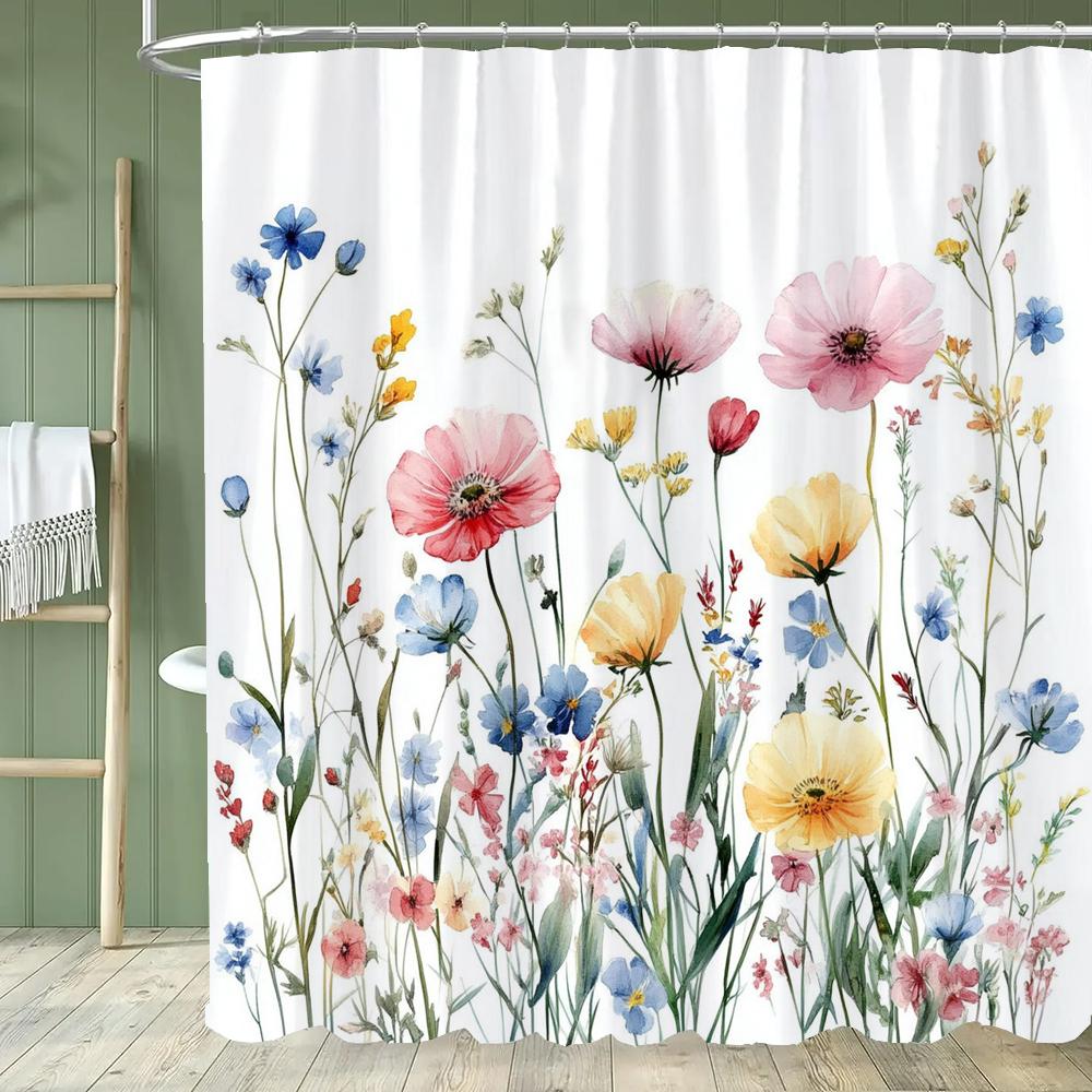 Floral Shower Curtain, Bathroom Watercolor Floral Shower Curtain, Modern Flowers Decorative Fabric Home Curtain With Hooks