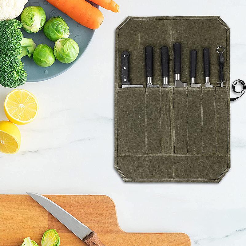 Bolsa enrollable para cuchillos con 7 ranuras, gran capacidad, fácil de transportar, impermeable, portátil, organizador de cuchillos de cocina, bolsa de almacenamiento