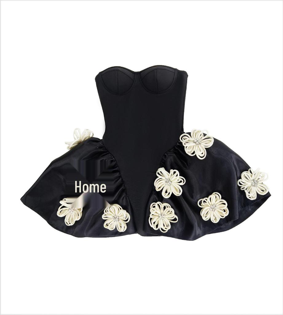 Women's French Hepburn Style Tube Top Tutu Skirt Dress with Black Floral Bandage Design - New Model