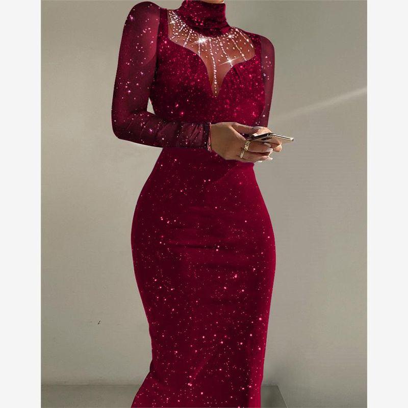 Mesh Patchwork Hot Drilling Dress Rhinestone Contrast Mesh Bodycon Dress