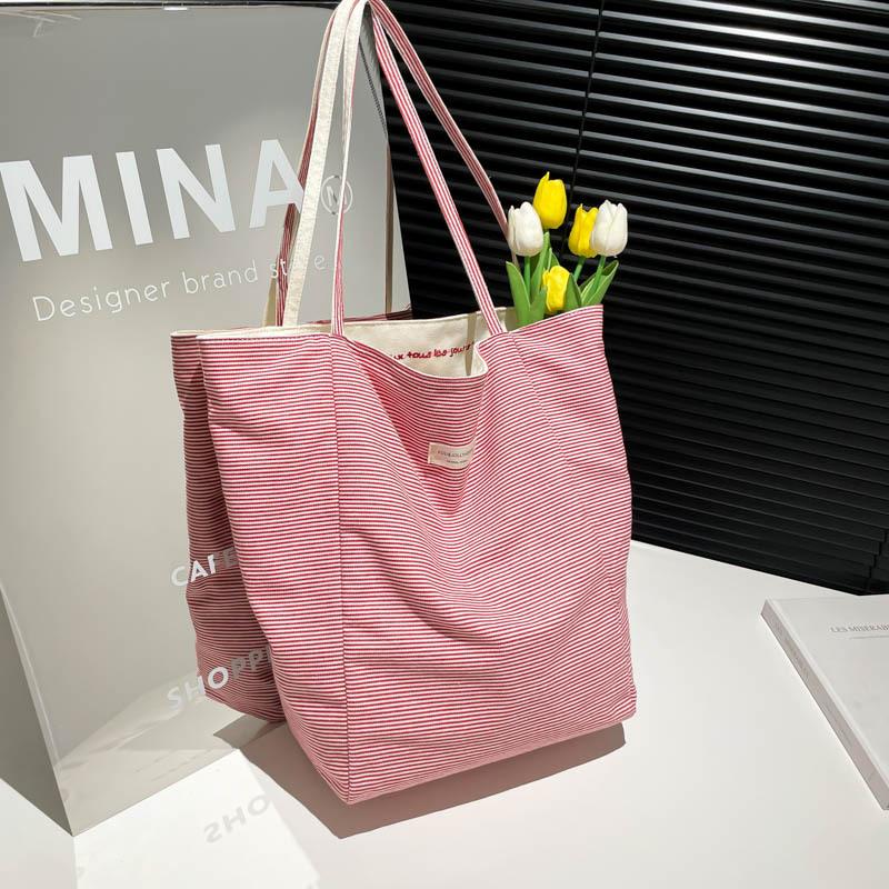 

Сумка-тоут большой вместимости, двусторонняя полосатая наплечная сумка, текстурная вышивка, студенческая холщовая сумка, летняя сумка для поездок на работу для женщин 27*14*37