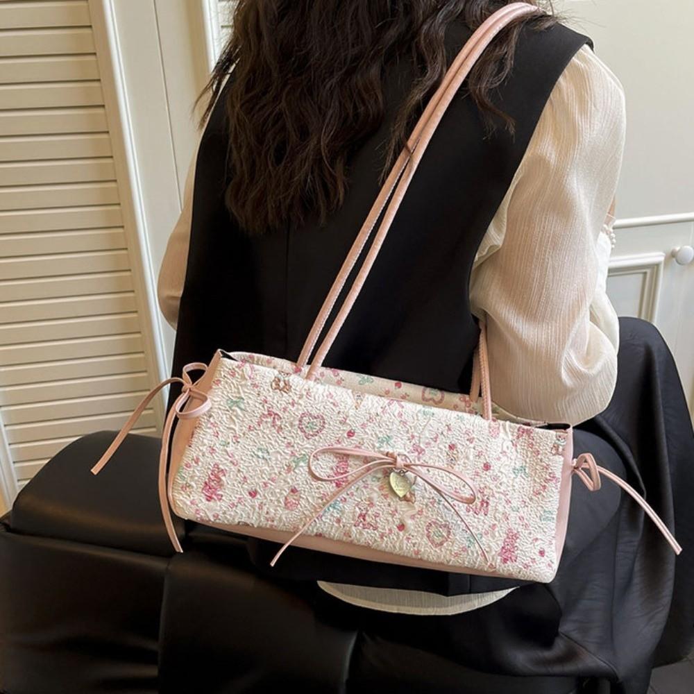 Pleated French Stick Handbag Plaid Cloth Underarm Bags Fashion Bow Shoulder Bag  Daily