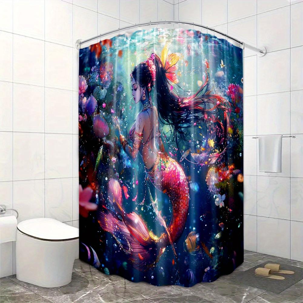 Fairy Mermaid Print Waterproof Shower Curtain For Bathroom, Magical Ocean Life Design High-End Toilet Partition Curtain