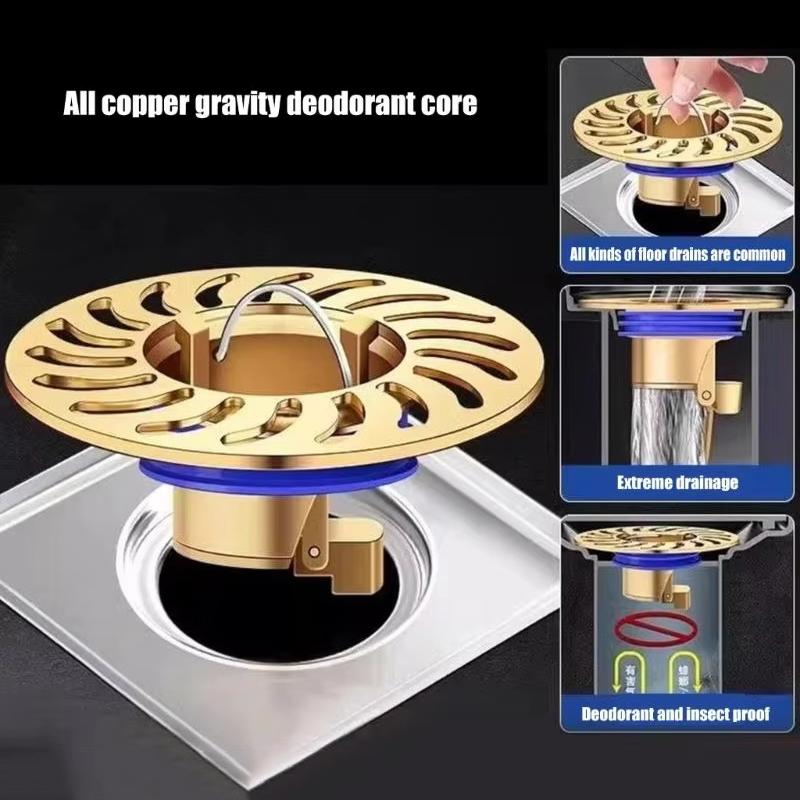 Gulvsluk i full kobber, Rask drenering, Lukt- og insektsforebyggende, Kjøkken, Bad, Bad, Kloakkfilter, Tilbakeslagsventil