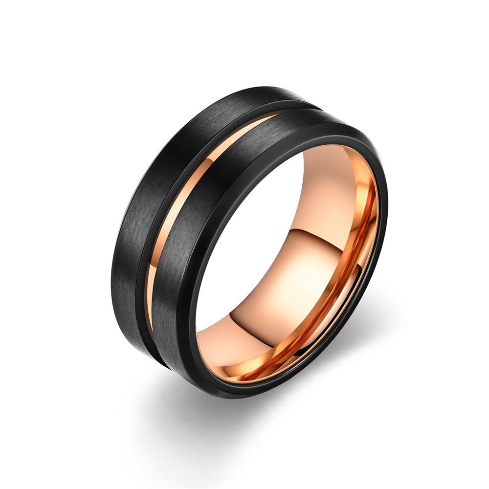 8mm Rose Gold Color Stainless Steel Rings For Men Blue Groove Beveled Edge Promise Ring High Polish Wedding Band Jewelry