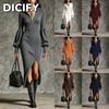 DICFY Women's Fashion Autumn Winter Solid Color Print V-Neck Long Sleeve Casual Dresses