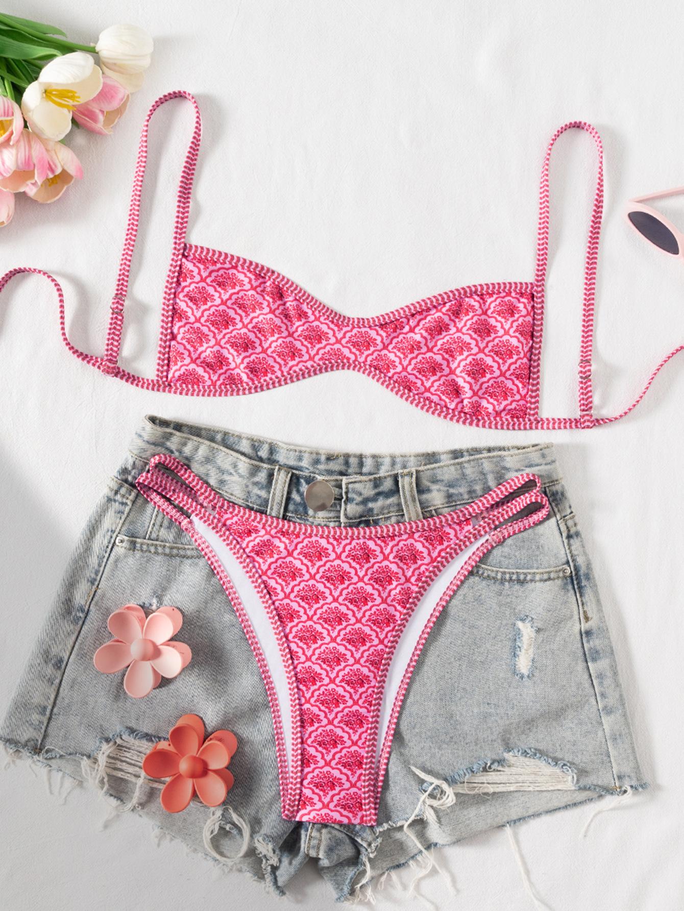 

Принтований купальник бікіні з розрізом на низькій посадці, що швидко сохне L рожевий червоний колір