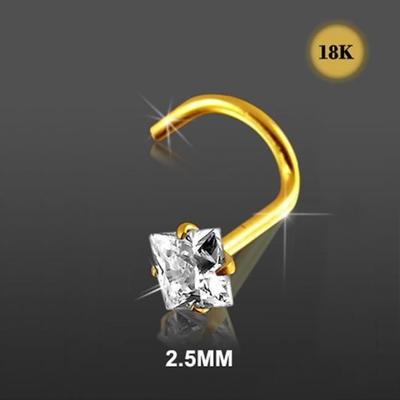 18 Karat massiver Gelbgold-Schraub-Nasenstecker-Schmuck | 2,5 mm quadratischer CZ-Zirkon-Diamant-Brokat mit 4 Zinken
