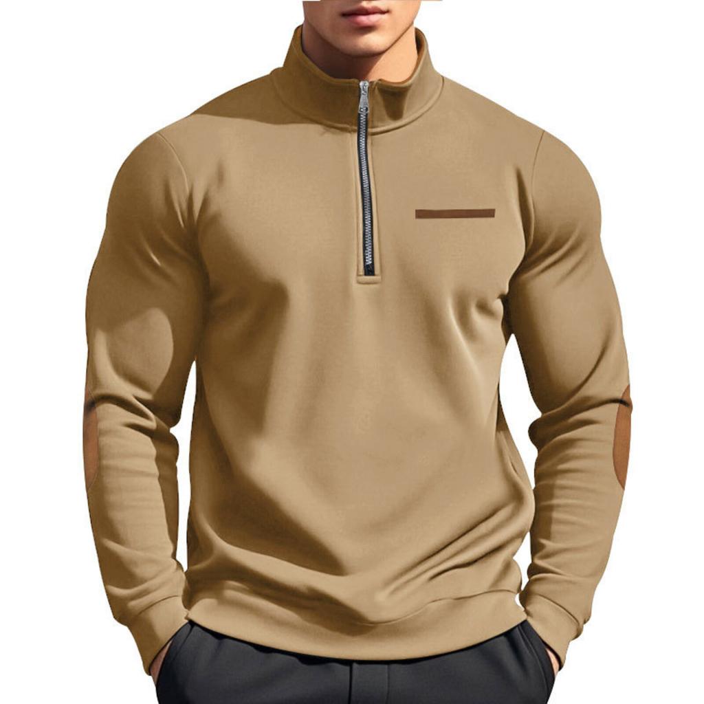Men's Fleece-Lined Casual Half-Zip Stand Collar Patchwork Contrast Color Sweatshirt