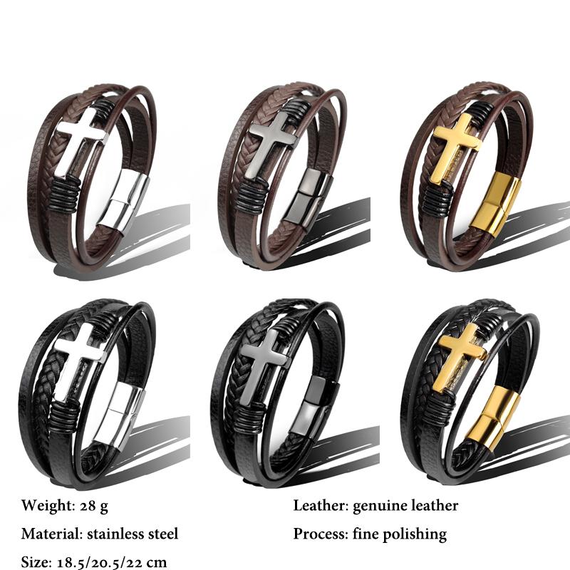 Charm Stainless Steel Leather Cross  Brown/black Bracelet Men Hiphop Jewelry Magnetic Clasp Mutilayer Male Cuff Wrap Bangle Gift