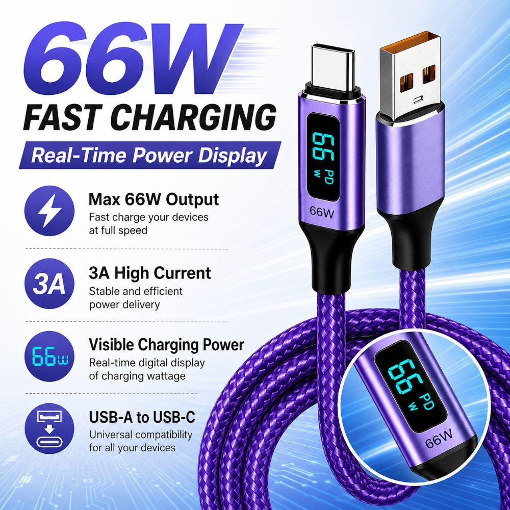 Real-Time Display USB-A To USB-C Cable 66W Fast Charging Data Cable Laptop Charging