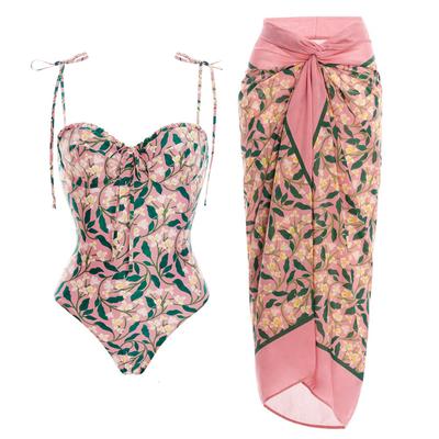 New Lace-up One-piece Women's Swimsuit French Retro Belly-covering Slimming Swimsuit Chiffon Beach Skirt