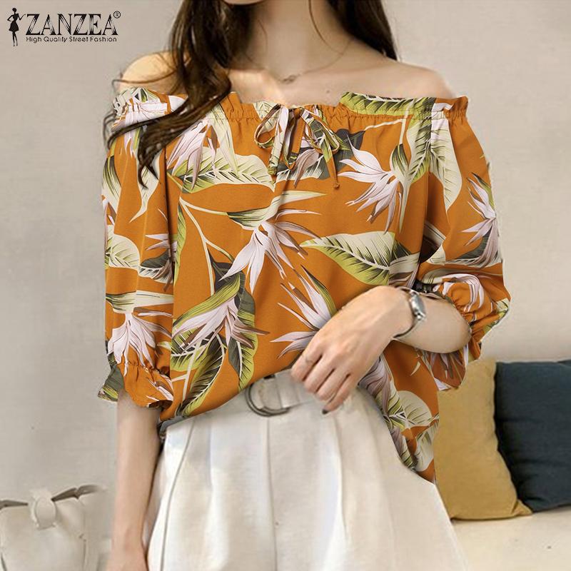 

ZANZEA Женский летний свободный топ с короткими рукавами и принтом «лодочка»