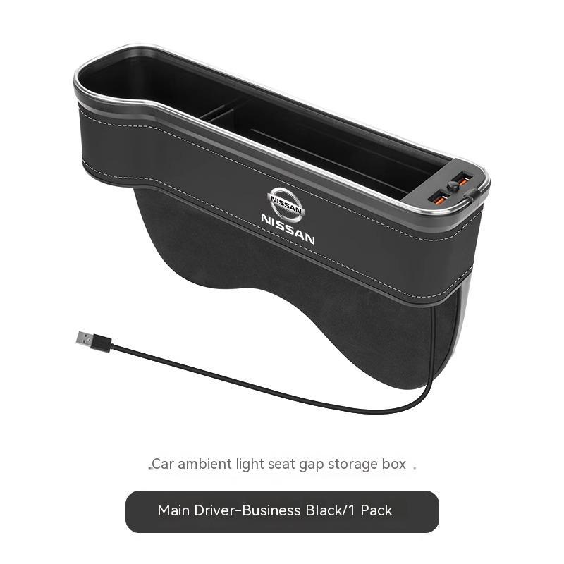 AUK2 Car USB Charging Colour Light Seat Gap Storage Box For Nissan X-Trail Qashqai Sentra Serena Tiida Teana Juke Leaf Micra Almera