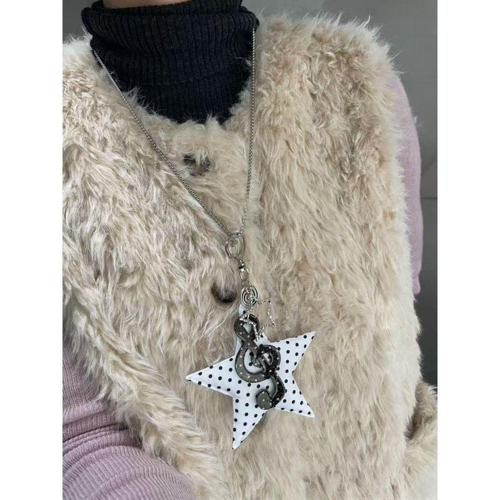 Korean Style Polka Dot Star & Musical Note Pendant Necklace for Women - Niche Design Sweater Chain Ornament