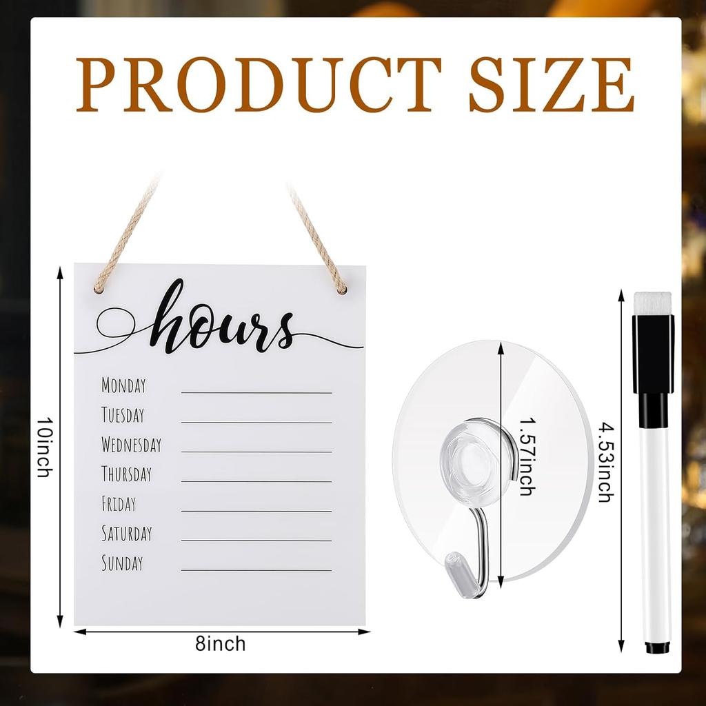 3 Pcs Dry Erase Store Hours Sign Set Include 8 x 10 Inch Erasable Business Hours Sign with Rope Dry Erase Maker and Suction Cup for Office Cafe