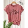 2026New SpringSummer Women's Round Neck Minimalist Line Drawing Floral Print Short Sleeve T Shirt Vintage distressed casual top Soft Knit Fabric